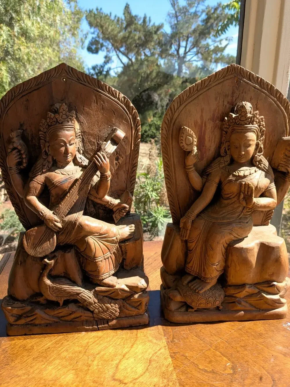 Pair Vintage Hand-Carved Wood Indian Goddess - Saraswati & Gayatri - 12